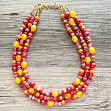 Load image into Gallery viewer, Sunset Beach Party Necklace, multi strand jewelry, big beaded chunky statement rosegold, gifts for women pink orange yellow gold red coral