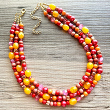 Load image into Gallery viewer, Sunset Beach Party Necklace, multi strand jewelry, big beaded chunky statement rosegold, gifts for women pink orange yellow gold red coral