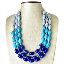 Load image into Gallery viewer, Blue Ombré statement necklace, 3 strand chunky light blue necklace earrings, royal bib aqua turquoise jewelry, beaded blue necklace jewelry
