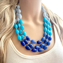 Load image into Gallery viewer, Blue Ombré statement necklace, 3 strand chunky light blue necklace earrings, royal bib aqua turquoise jewelry, beaded blue necklace jewelry