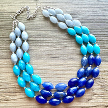 Load image into Gallery viewer, Blue Ombré statement necklace, 3 strand chunky light blue necklace earrings, royal bib aqua turquoise jewelry, beaded blue necklace jewelry