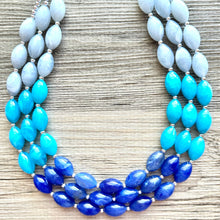 Load image into Gallery viewer, Blue Ombré statement necklace, 3 strand chunky light blue necklace earrings, royal bib aqua turquoise jewelry, beaded blue necklace jewelry