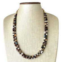 Load image into Gallery viewer, Polished Agate GemStone Necklace mauve brown, wood statement necklace jewelry, 2 strand beaded statement layering necklace