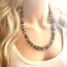 Load image into Gallery viewer, Polished Agate GemStone Necklace mauve brown, wood statement necklace jewelry, 2 strand beaded statement layering necklace