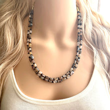 Load image into Gallery viewer, Polished Agate GemStone Necklace mauve brown, wood statement necklace jewelry, 2 strand beaded statement layering necklace