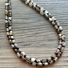 Load image into Gallery viewer, Polished Agate GemStone Necklace mauve brown, wood statement necklace jewelry, 2 strand beaded statement layering necklace