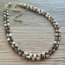 Load image into Gallery viewer, Polished Agate GemStone Necklace mauve brown, wood statement necklace jewelry, 2 strand beaded statement layering necklace