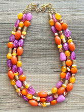Load image into Gallery viewer, Solar Flare Statement Necklace, chunky bib beaded jewelry, Summer purple orange RoseGold necklace, beaded acrylic jewelry gold pink