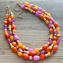Load image into Gallery viewer, Solar Flare Statement Necklace, chunky bib beaded jewelry, Summer purple orange RoseGold necklace, beaded acrylic jewelry gold pink