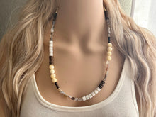 Load image into Gallery viewer, Wood & Gemstone Skinny Statement Necklace, neutral geometric necklace, long gem jewelry beaded jewelry pendant layering brown birch