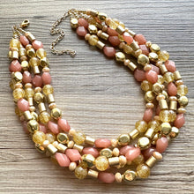 Load image into Gallery viewer, Golden Champagne Bubbles Elegance Extra Chunky Statement Necklace, tan gold beaded jewelry, Multi Strand 5 Bib Necklace, Beaded necklace