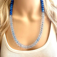 Load image into Gallery viewer, Royal Blue & Aqua Single Strand Statement Necklace, Chunky Beaded Long Jewelry, baby blue jewelry, geometric blue rope necklace silver