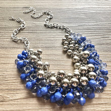 Load image into Gallery viewer, Blue Water Bubble Ombré Silver & Royal Cluster Necklace, Game Day Bridesmaid Jewelry periwinkle dressy necklace beaded statement bib