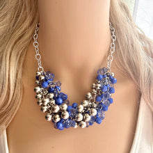 Load image into Gallery viewer, Blue Water Bubble Ombré Silver & Royal Cluster Necklace, Game Day Bridesmaid Jewelry periwinkle dressy necklace beaded statement bib