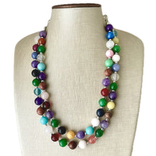 Load image into Gallery viewer, Polished Agate Genuine GemStone Necklace rainbow, silver statement necklace jewelry, long beaded statement layering beaded stone colorful