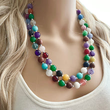 Load image into Gallery viewer, Polished Agate Genuine GemStone Necklace rainbow, silver statement necklace jewelry, long beaded statement layering beaded stone colorful