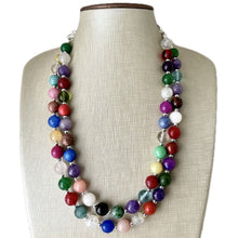 Load image into Gallery viewer, Polished Agate Genuine GemStone Necklace rainbow, silver statement necklace jewelry, long beaded statement layering beaded stone colorful