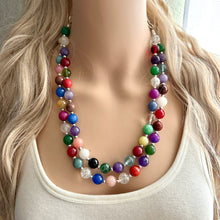 Load image into Gallery viewer, Polished Agate Genuine GemStone Necklace rainbow, silver statement necklace jewelry, long beaded statement layering beaded stone colorful