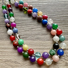 Load image into Gallery viewer, Polished Agate Genuine GemStone Necklace rainbow, silver statement necklace jewelry, long beaded statement layering beaded stone colorful
