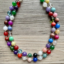 Load image into Gallery viewer, Polished Agate Genuine GemStone Necklace rainbow, silver statement necklace jewelry, long beaded statement layering beaded stone colorful