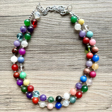 Load image into Gallery viewer, Polished Agate Genuine GemStone Necklace rainbow, silver statement necklace jewelry, long beaded statement layering beaded stone colorful