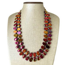 Load image into Gallery viewer, Summer Bonfire Necklace, 2 Strand Statement Jewelry, Chunky bib bridesmaid everyday jewelry gold pink orange red metallic OOAK