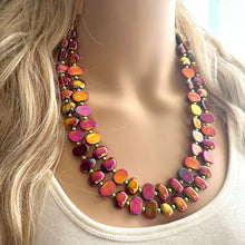 Load image into Gallery viewer, Summer Bonfire Necklace, 2 Strand Statement Jewelry, Chunky bib bridesmaid everyday jewelry gold pink orange red metallic OOAK
