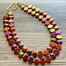 Load image into Gallery viewer, Summer Bonfire Necklace, 2 Strand Statement Jewelry, Chunky bib bridesmaid everyday jewelry gold pink orange red metallic OOAK