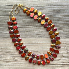Load image into Gallery viewer, Summer Bonfire Necklace, 2 Strand Statement Jewelry, Chunky bib bridesmaid everyday jewelry gold pink orange red metallic OOAK