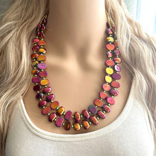 Load image into Gallery viewer, Summer Bonfire Necklace, 2 Strand Statement Jewelry, Chunky bib bridesmaid everyday jewelry gold pink orange red metallic OOAK