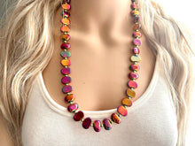 Load image into Gallery viewer, Summer Bonfire Necklace, Long Statement Jewelry, Chunky bib bridesmaid everyday jewelry gold pink orange red metallic OOAK