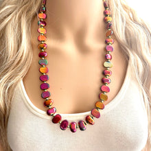 Load image into Gallery viewer, Summer Bonfire Necklace, Long Statement Jewelry, Chunky bib bridesmaid everyday jewelry gold pink orange red metallic OOAK