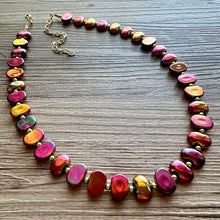 Load image into Gallery viewer, Summer Bonfire Necklace, Long Statement Jewelry, Chunky bib bridesmaid everyday jewelry gold pink orange red metallic OOAK