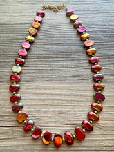 Load image into Gallery viewer, Summer Bonfire Necklace, Long Statement Jewelry, Chunky bib bridesmaid everyday jewelry gold pink orange red metallic OOAK