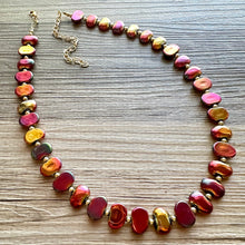 Load image into Gallery viewer, Summer Bonfire Necklace, Long Statement Jewelry, Chunky bib bridesmaid everyday jewelry gold pink orange red metallic OOAK