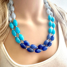 Load image into Gallery viewer, Blue Ombré statement necklace, chunky light blue necklace earrings, royal bib necklace, aqua turquoise jewelry, beaded blue necklace jewelry