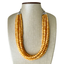 Load image into Gallery viewer, Genuine Mustard Jade Statement Necklace, Chunky 5 Strand Jewelry, silver necklace, thick collar beaded bib glass marigold yellow gemstone