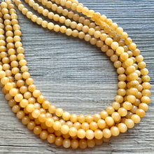 Load image into Gallery viewer, Genuine Mustard Jade Statement Necklace, Chunky 5 Strand Jewelry, silver necklace, thick collar beaded bib glass marigold yellow gemstone