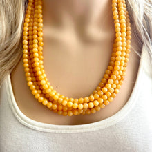 Load image into Gallery viewer, Genuine Mustard Jade Statement Necklace, Chunky 5 Strand Jewelry, silver necklace, thick collar beaded bib glass marigold yellow gemstone