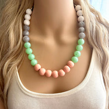 Load image into Gallery viewer, Garden Walk Statement Necklace, Chunky Beaded Jewelry, Spring single strand Necklace, mint green beaded pink white gray bubblegum wood