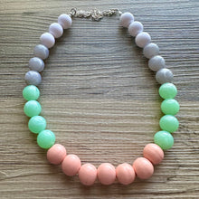 Load image into Gallery viewer, Garden Walk Statement Necklace, Chunky Beaded Jewelry, Spring single strand Necklace, mint green beaded pink white gray bubblegum wood