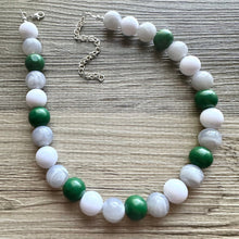 Load image into Gallery viewer, Green & White Statement Necklace, football jewelry, dark green bib chunky necklace, sports team gray ombré white beaded necklace silver