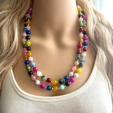 Load image into Gallery viewer, Polished Agate Genuine GemStone Necklace rainbow, silver statement necklace jewelry, long beaded statement layering beaded stone colorful