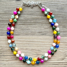 Load image into Gallery viewer, Polished Agate Genuine GemStone Necklace rainbow, silver statement necklace jewelry, long beaded statement layering beaded stone colorful