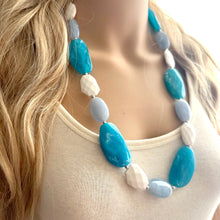 Load image into Gallery viewer, Long Beach Statement Necklace, Chunky Beaded Necklace, aqua light blue Jewelry, long necklace, bead white earrings geometric periwinkle