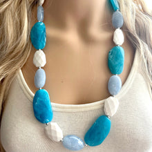 Load image into Gallery viewer, Long Beach Statement Necklace, Chunky Beaded Necklace, aqua light blue Jewelry, long necklace, bead white earrings geometric periwinkle
