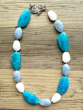 Load image into Gallery viewer, Long Beach Statement Necklace, Chunky Beaded Necklace, aqua light blue Jewelry, long necklace, bead white earrings geometric periwinkle