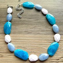Load image into Gallery viewer, Long Beach Statement Necklace, Chunky Beaded Necklace, aqua light blue Jewelry, long necklace, bead white earrings geometric periwinkle