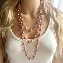 Load image into Gallery viewer, Long Champagne graduated ball beaded necklace, gold statement necklace jewelry set, gold ball earrings, layering necklace, purple pearl bead