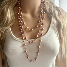 Load image into Gallery viewer, Long Champagne graduated ball beaded necklace, gold statement necklace jewelry set, gold ball earrings, layering necklace, purple pearl bead
